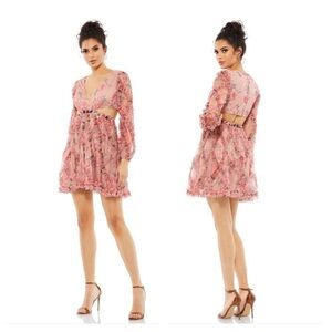 Mac Duggal 9151 NWT Long Sleeve V Neck Cut Out Mesh Mini Dress